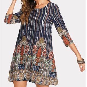 3/4 Sleeve Tribal Print Tunic Dress